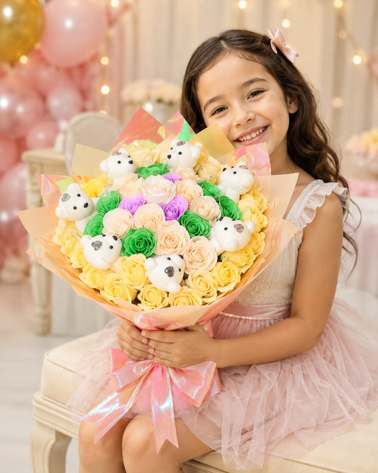 Buchet Princess cu Trandafiri de Săpun și Ursuleți
