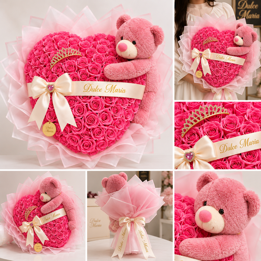 Buchet Inimă „Pink Princess” cu Ursuleț – Trandafiri de săpun Premium