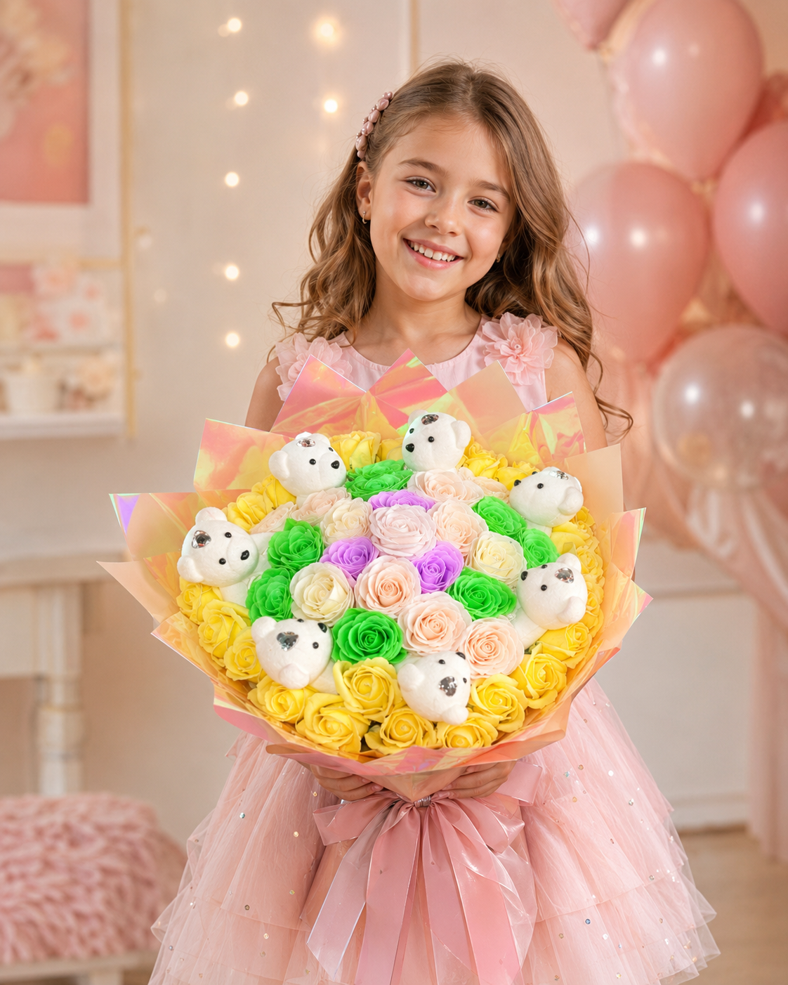 Buchet Princess cu Trandafiri de Săpun și Ursuleți