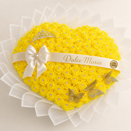 Buchet Inimă Golden Sunshine – Trandafiri de Săpun