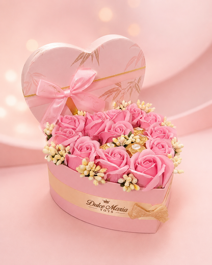 Cutie inimă roz cu trandafiri și Ferrero Rocher – Pink Sweetheart