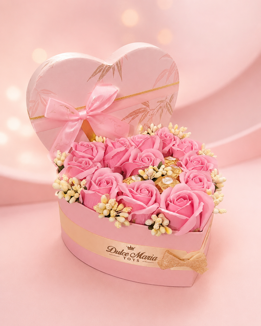 Cutie inimă roz cu trandafiri și Ferrero Rocher – Pink Sweetheart