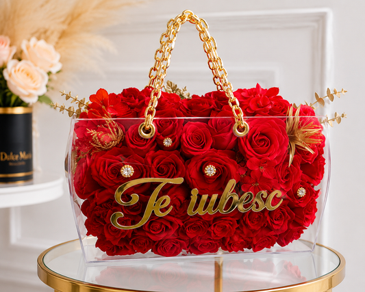 Geantă Luxury cu Flori de Sapun Premium – „Te iubesc”