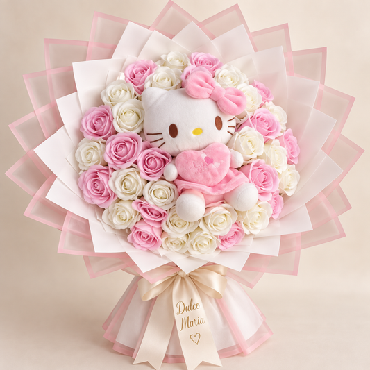 Buchet Hello Kitty Rose – Trandafiri de Săpun și Pluș