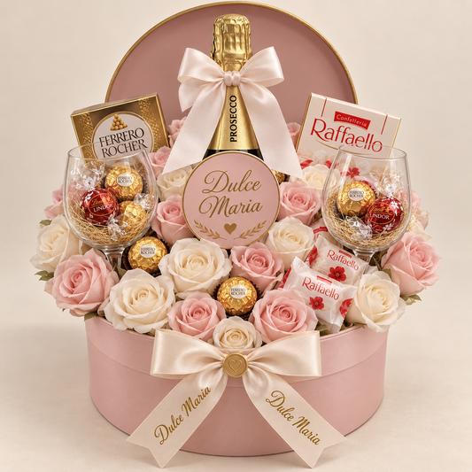 Cutie Cadou Rose Celebration – Trandafiri de Săpun, Prosecco și Ciocolată