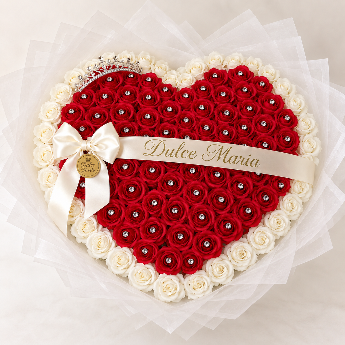 Buchet Inimă Red Ivory Queen – Trandafiri de Săpun