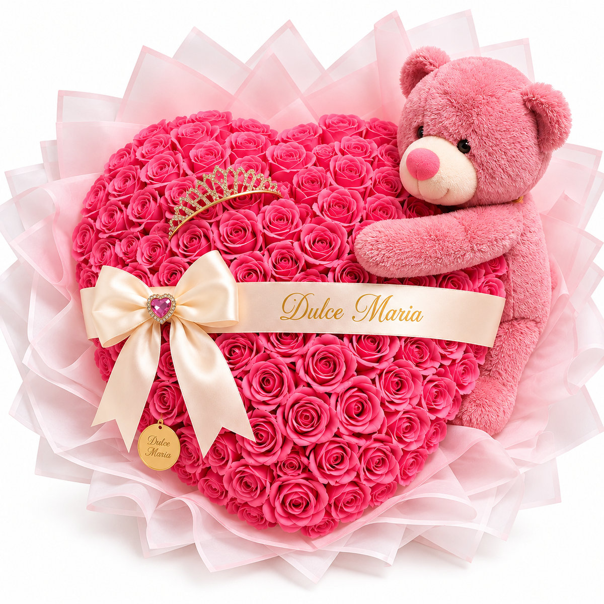 Buchet Inimă „Pink Princess” cu Ursuleț – Trandafiri de săpun Premium