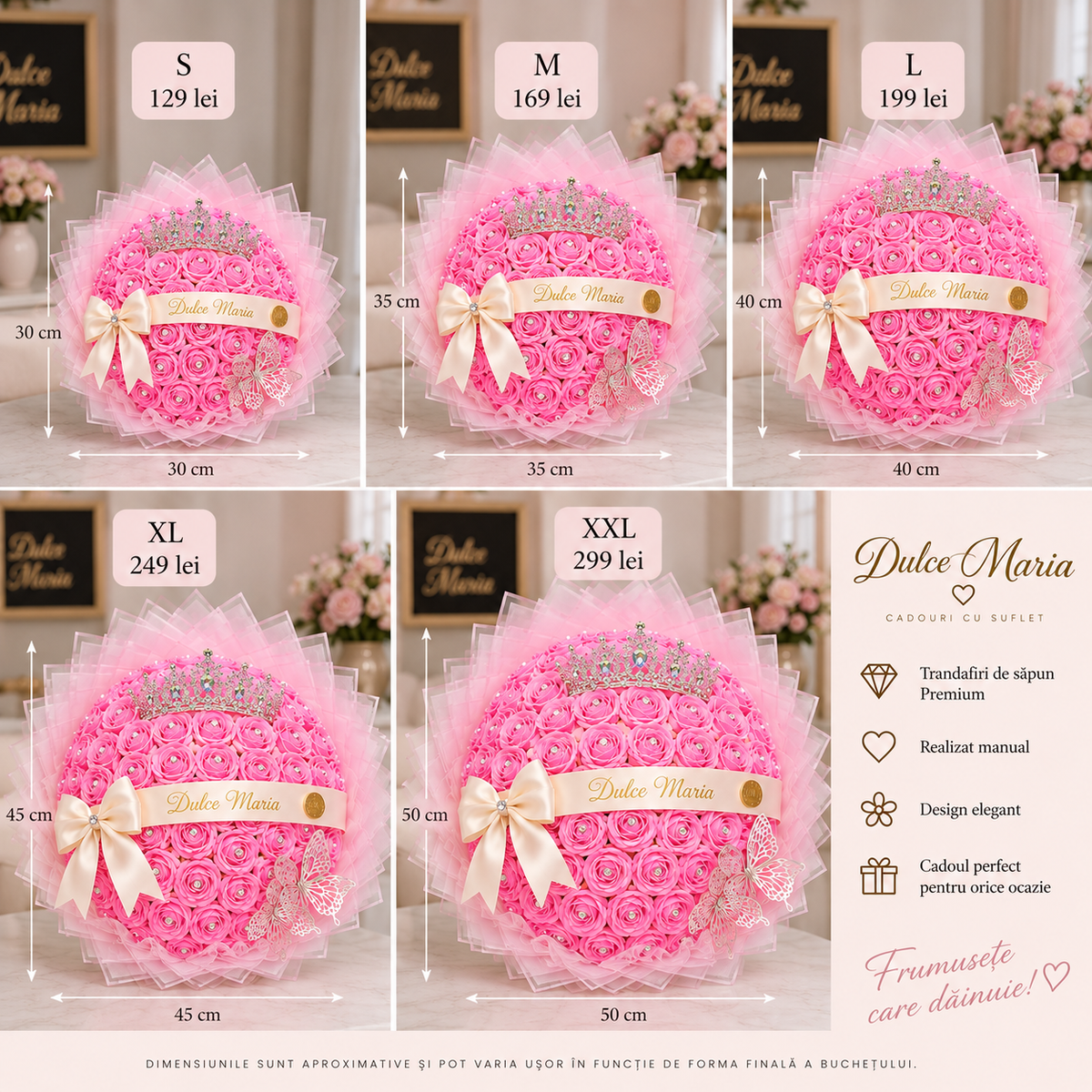 Buchet Rotund Pink Princess – Trandafiri de Săpun