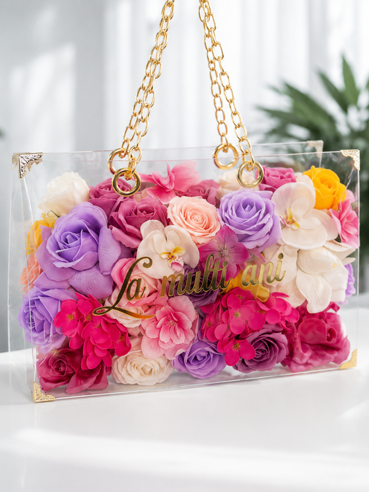 Geantă Luxury cu Flori de Sapun Premium – „La multi ani !”